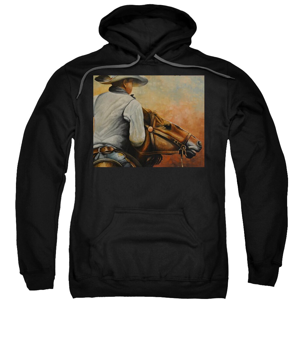 A Oil Painting Of A Cowboy Turning His Horse Around To Head Home. The Cowboy Has A Hat On With A Feather In The Hat Ban. He Is Wearing A Grey Vest With A Blue Shirt. He Is Also Wearing Blue Jeans With A Pair Of Leather Chaps. He Is Turning His Horse Around To Head Back To His Ranch. Sweatshirt featuring the painting Turning Around by Martin Schmidt