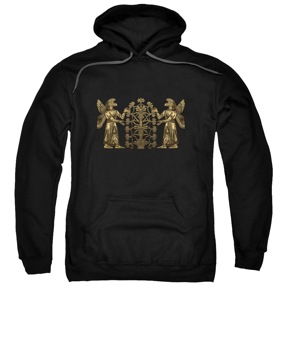 ‘treasures Of Mesopotamia’ Collection By Serge Averbukh Sweatshirt featuring the digital art Two Instances of Gold God Ninurta with Tree of Life over Black Canvas by Serge Averbukh