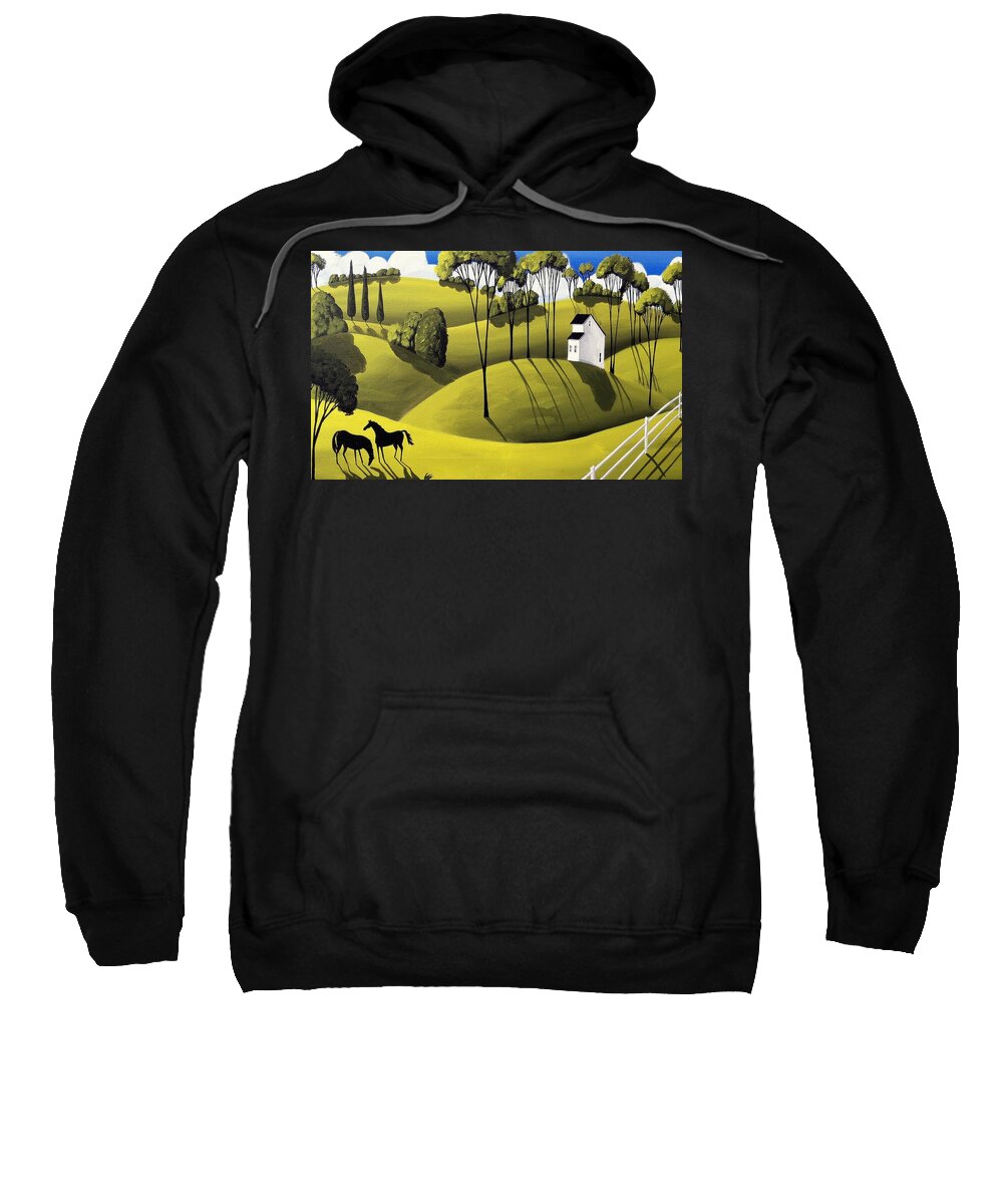 Art Sweatshirt featuring the painting Two Mares - horse folk art landscape by Debbie Criswell