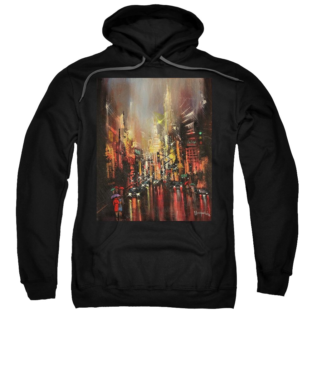 City Rain Sweatshirt featuring the painting Wet Streets by Tom Shropshire