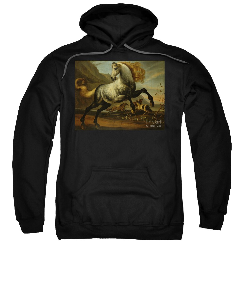 Animal Sweatshirt featuring the painting A Grey Prancing Stallion With Flowing Mane With Stallions Fighting In A Rocky Landscape by English School