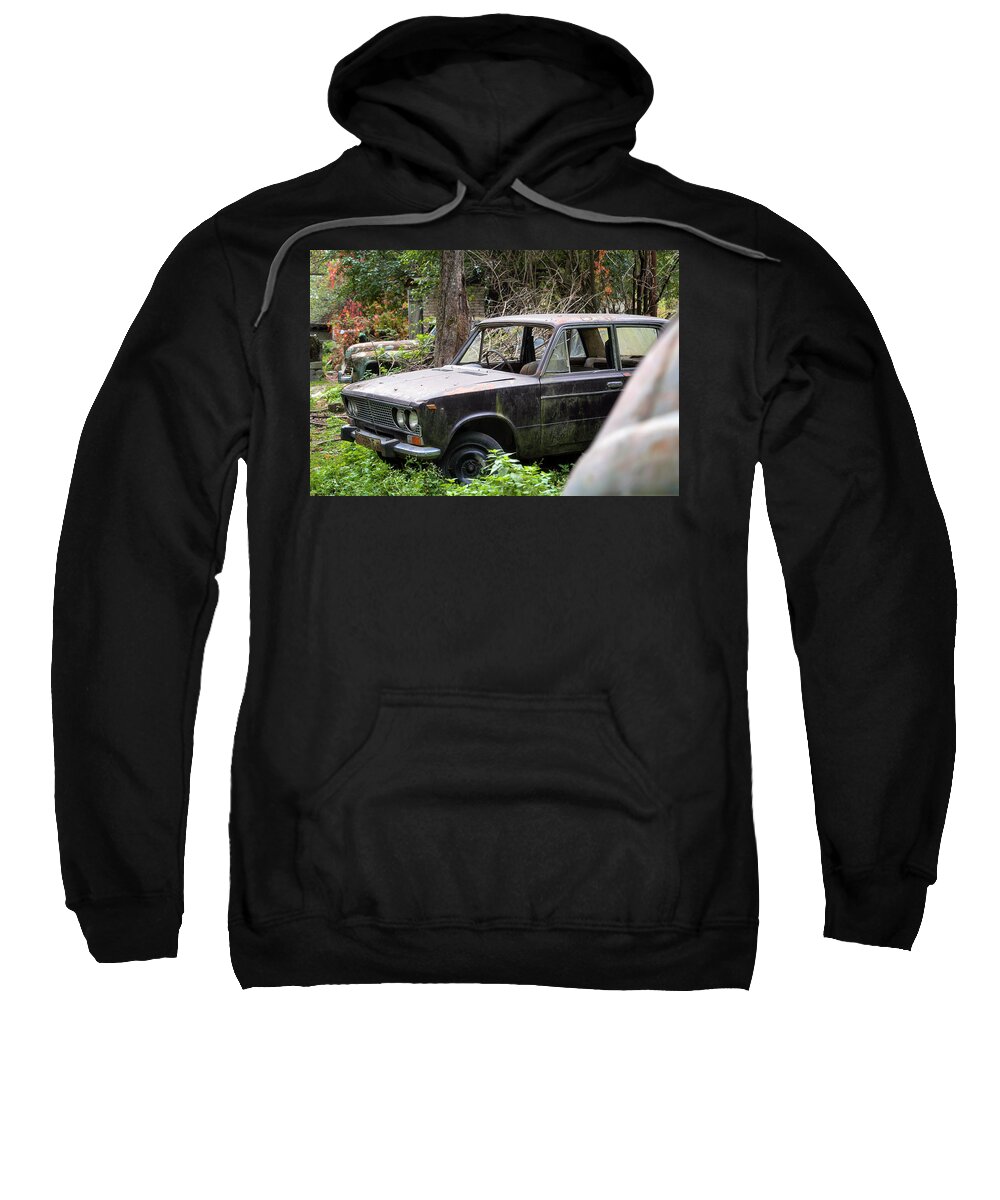 Urban Sweatshirt featuring the photograph Abandoned Car in the Garden by Roman Robroek