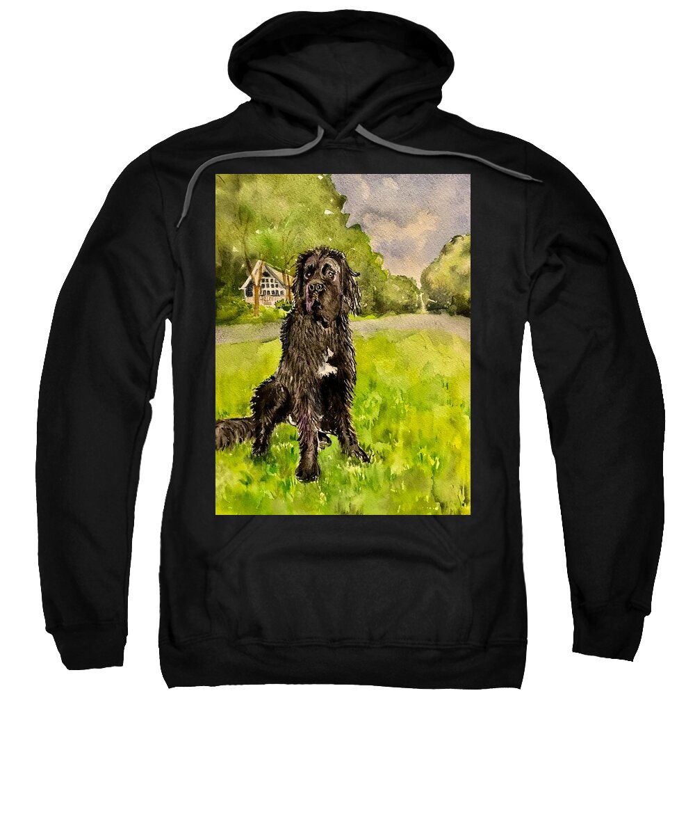 Newfoundland Sweatshirt featuring the painting Adeline Guarding the Lakehouse by Kathy Sievering