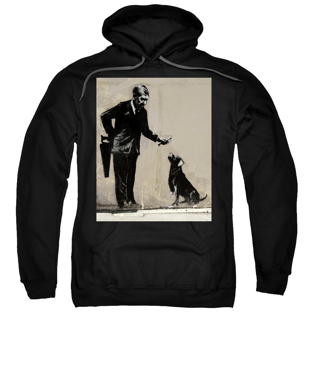 Banksy Sweatshirt featuring the photograph Banksy Paris Man With Bone And Dog by Gigi Ebert