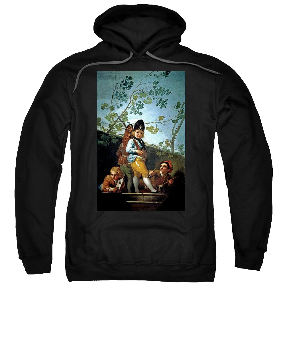 Boys Playing At Soldiers Sweatshirt featuring the painting 'Boys playing at Soldiers', 1779, Spanish School, Oil on canvas, ... by Francisco de Goya -1746-1828-