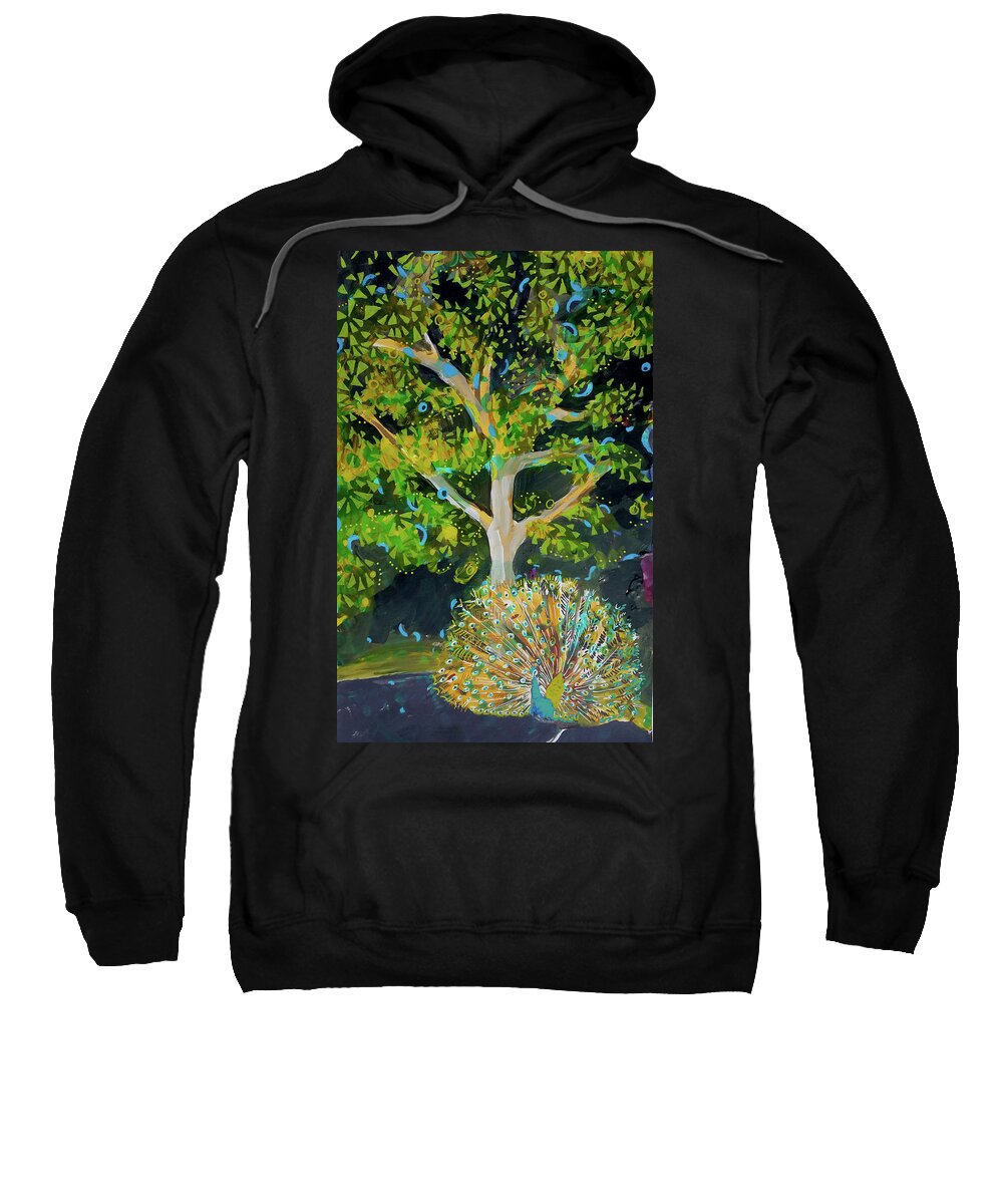 Peacock Sweatshirt featuring the painting Branching out Peacock by Tilly Strauss