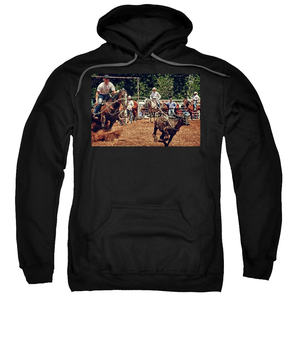 Rodeo Sweatshirt featuring the photograph Calf Roping Action by Toni Hopper