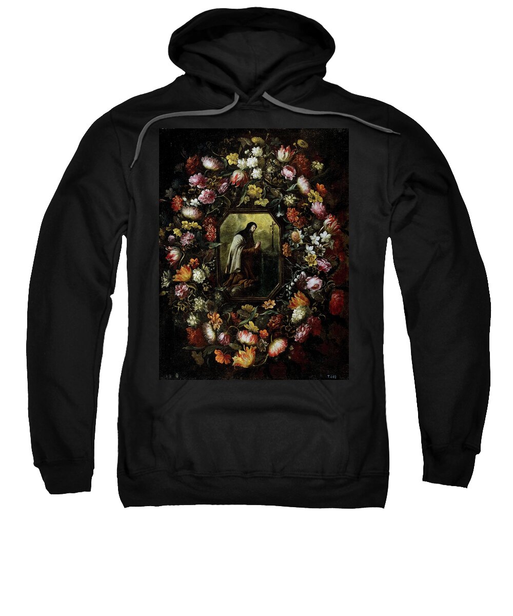 Garland Of Flowers With Saint Teresa Of Jesus Sweatshirt featuring the painting 'Garland of Flowers with Saint Teresa of Jesus', Second half 17th century, Span... by Bartolome Perez -1634-1693-