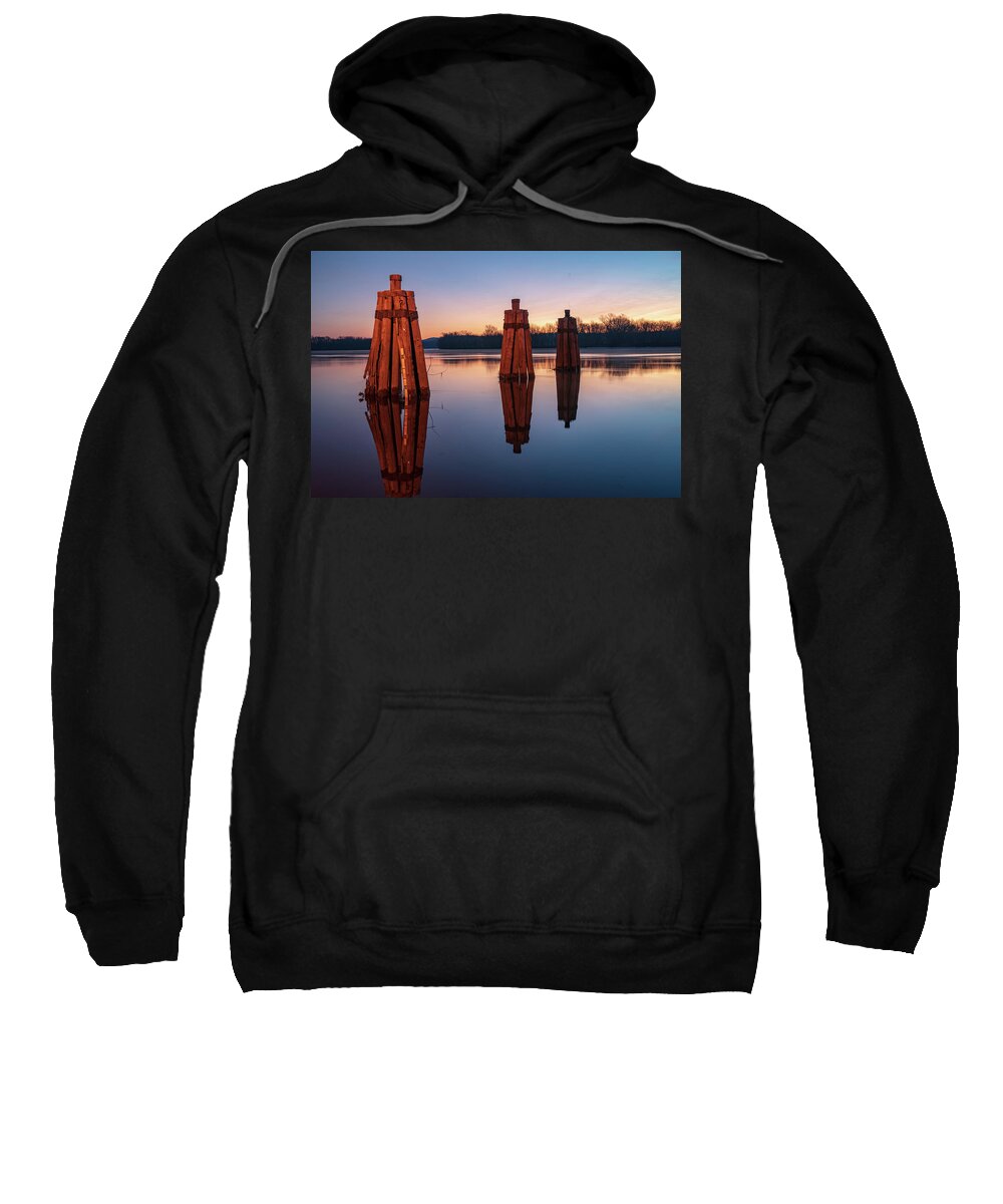 Rocky Hill Sweatshirt featuring the photograph Group of three docking piles on Connecticut river by Kyle Lee