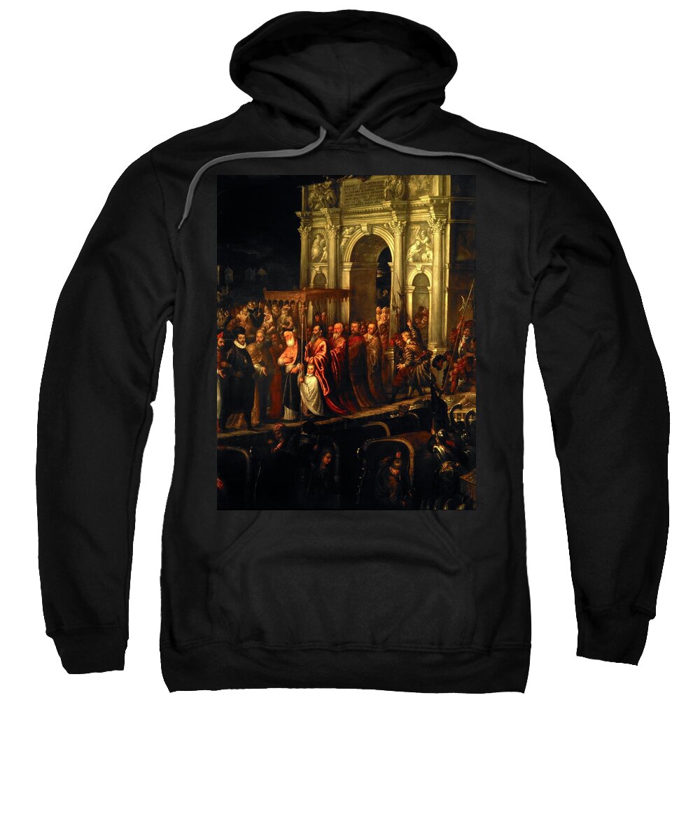 Andrea M Vicentino Michieli Sweatshirt featuring the painting King Henry III of France being received in Venice in 1574, 16th century, Oil on canvas. by Andrea Vicentino -c 1542-1617-