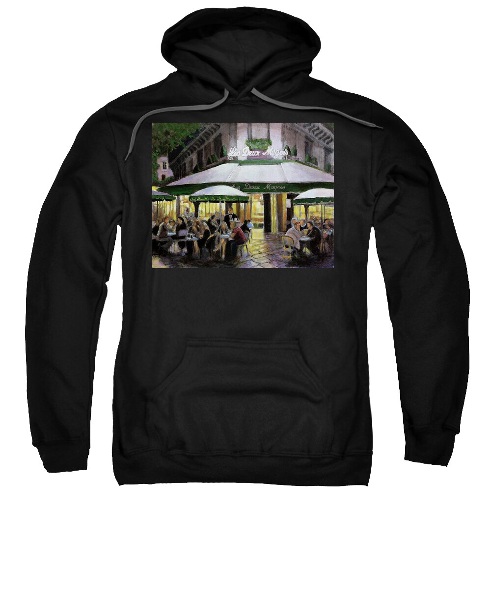 Paris Cafe Sweatshirt featuring the painting Le Deux Magots Bon Nuit by David Zimmerman