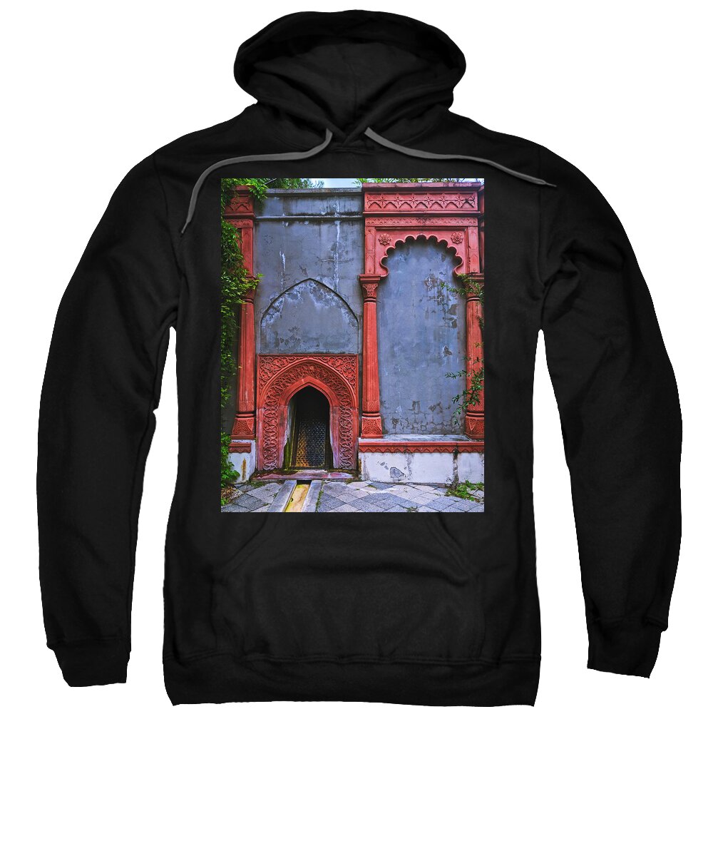 Building Sweatshirt featuring the photograph Ornate Red Wall by Portia Olaughlin