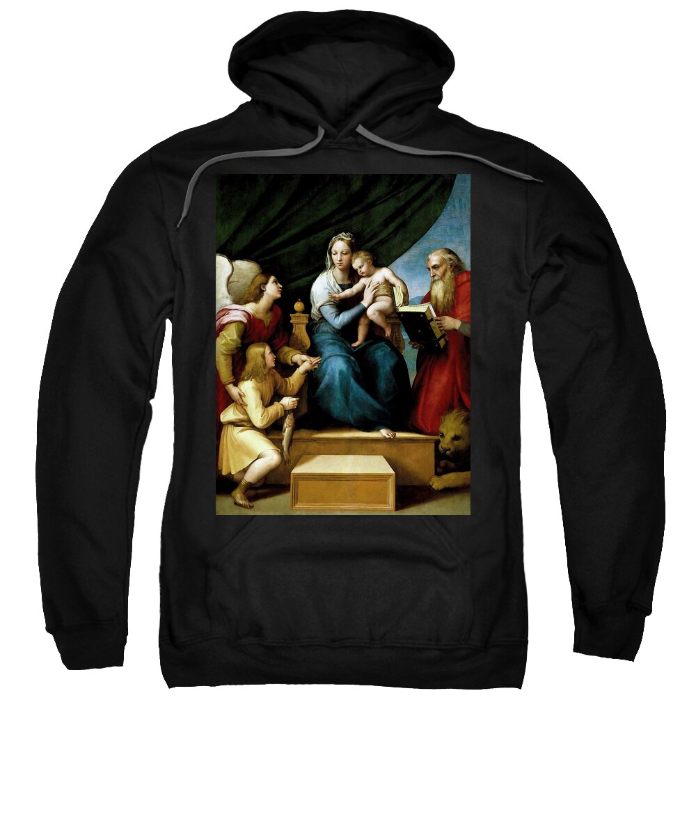 Raphael Sweatshirt featuring the painting Rafael 'The Holy Family with Raphael, Tobias and Saint Jerome, or the Virgin with a Fish',1513-1... by Raphael -1483-1520-