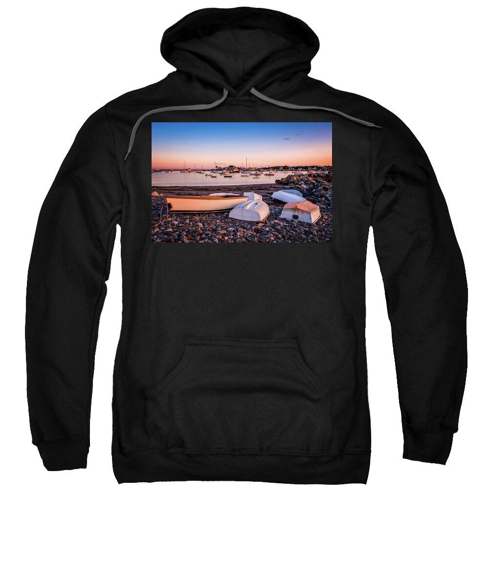 Beach Cobbles Sweatshirt featuring the photograph Rowboats at Rye Harbor, Sunset by Jeff Sinon
