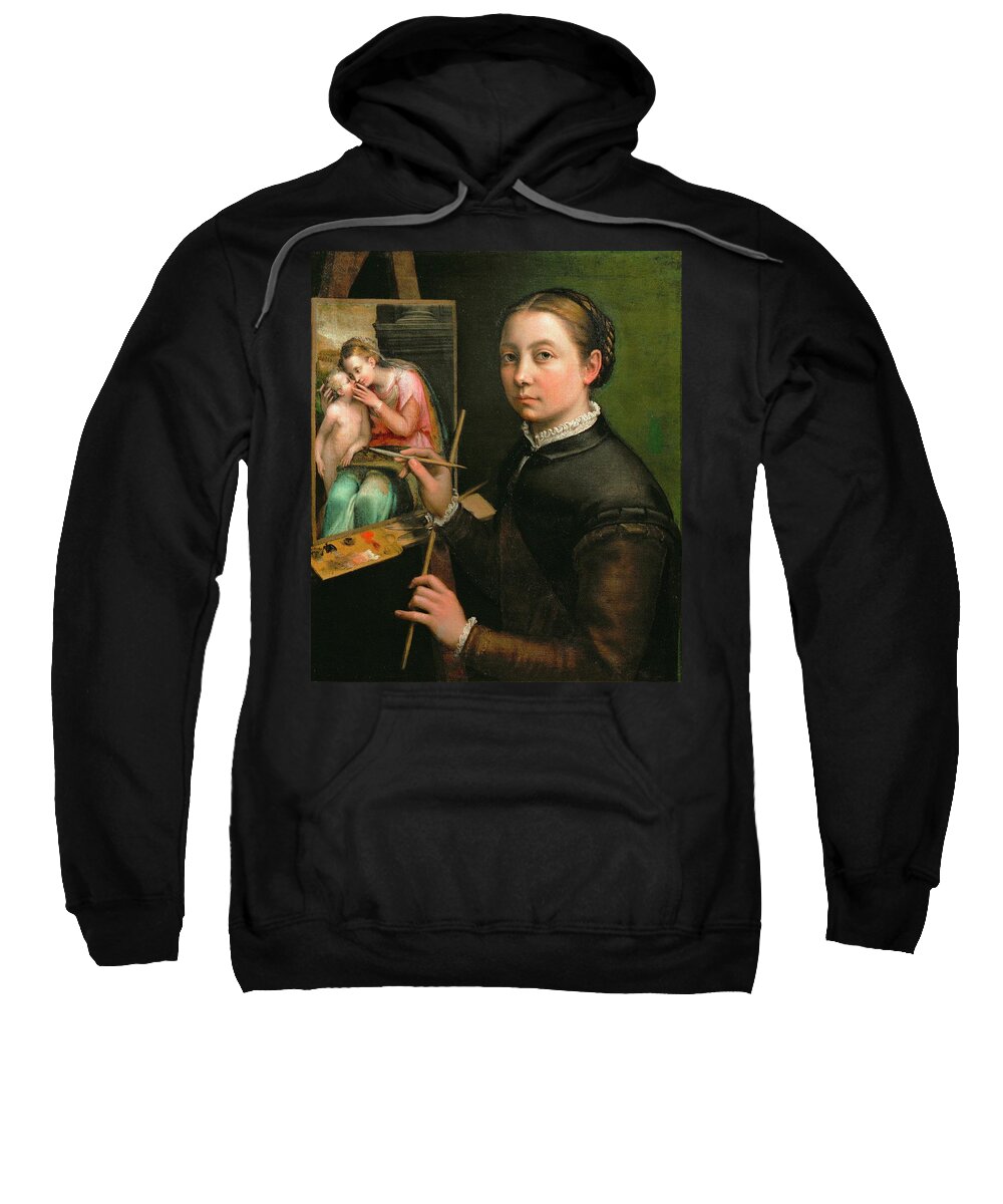 Anguissola Sweatshirt featuring the painting Self-portrait, painting the Madonna, 1556 Canvas, 66 x 57 cm. by Sofonisba Anguissola -c 1532-1625-