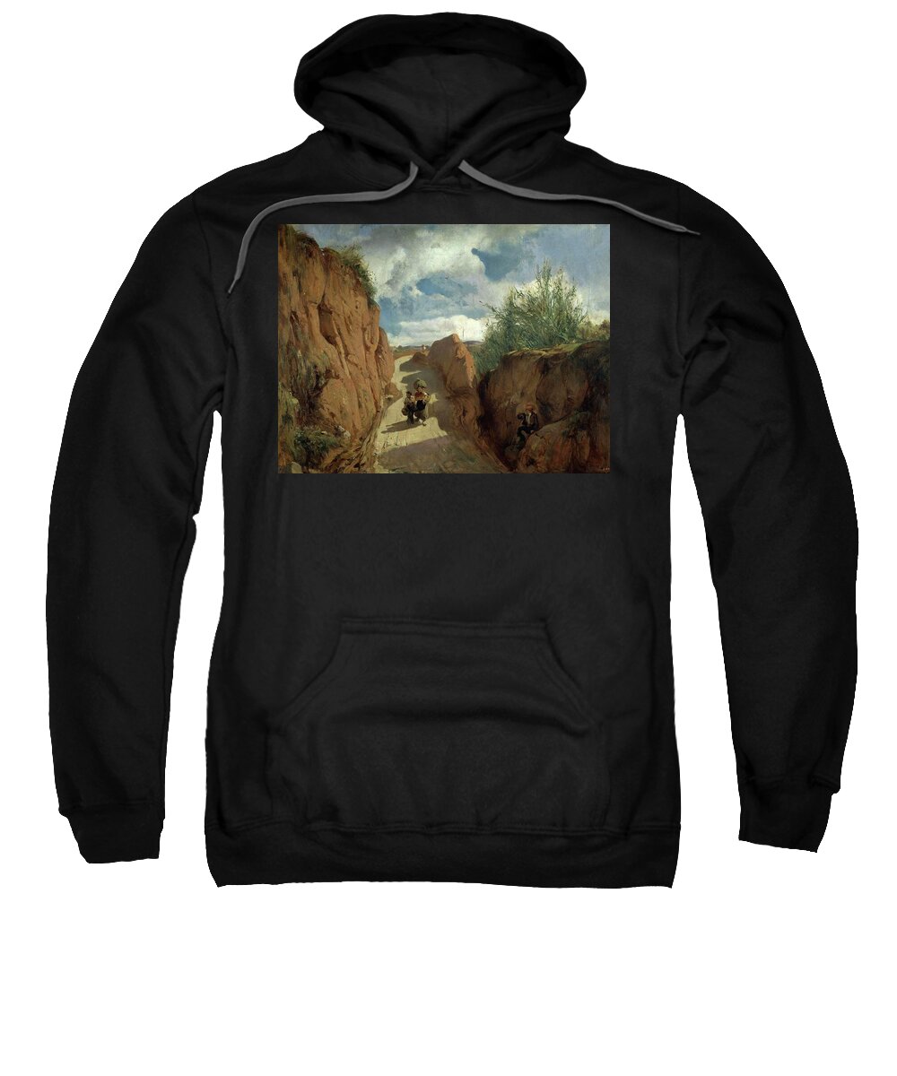 Marti I Alsina Sweatshirt featuring the painting 'The Path to Granollers', 1866-1872, Oil on canvas, 37 x 48 cm. by Ramon Marti Alsina -1826-1894-