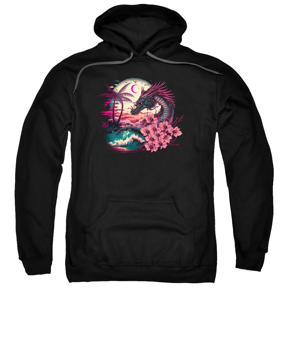 Dragon Sweatshirt featuring the digital art Dragon Vaporwave Abstract Landscape Moon Tree Waterfall #2 by Toms Tee Store
