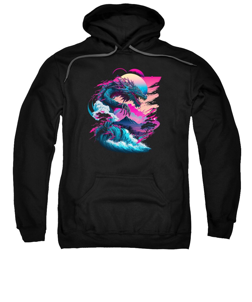 Dragon Sweatshirt featuring the digital art Dragon Vaporwave Abstract Landscape Moon Tree Waterfall #3 by Toms Tee Store