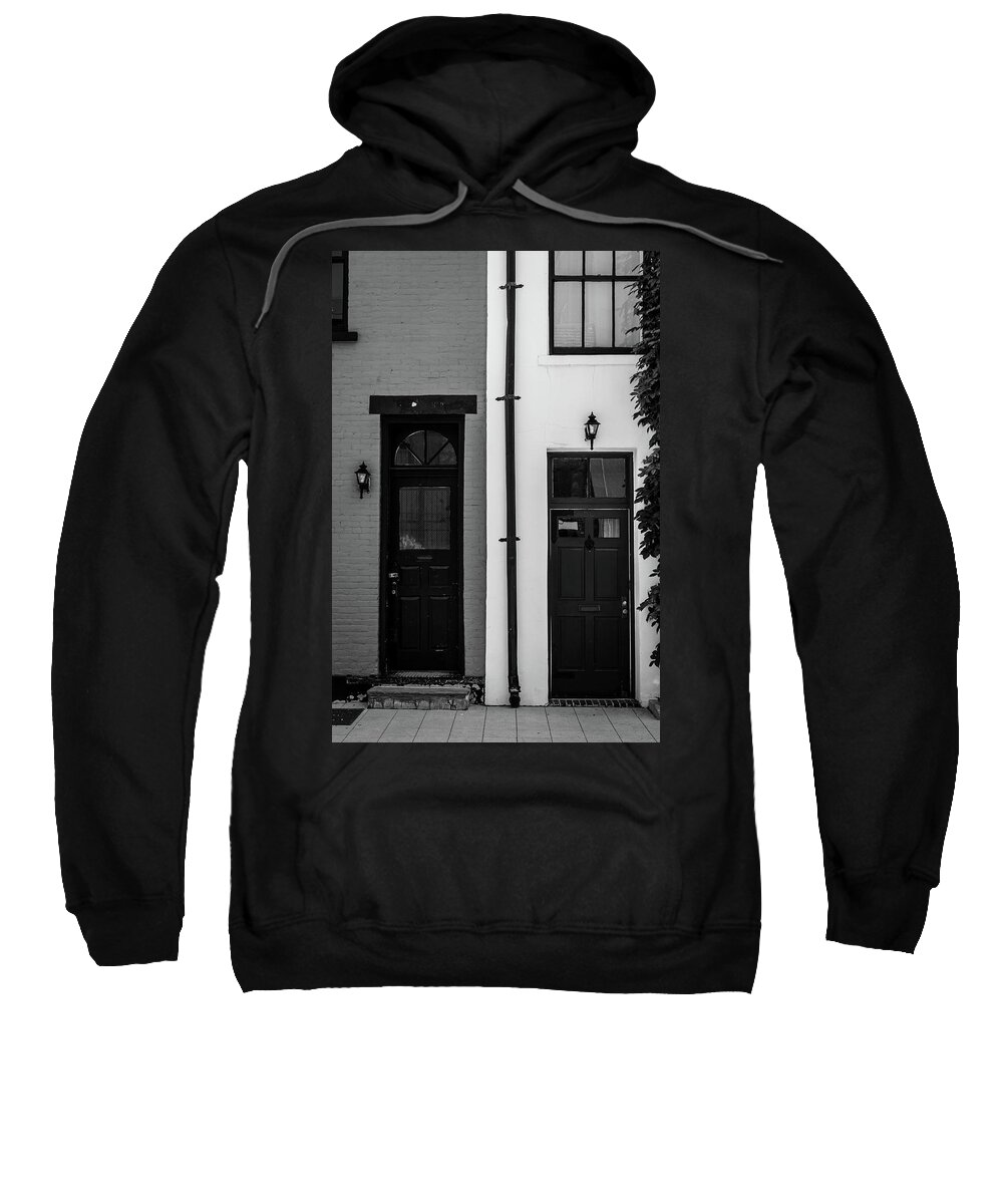 Black And White Sweatshirt featuring the photograph A Pair of NYC Doors in Black and White by Liz Albro