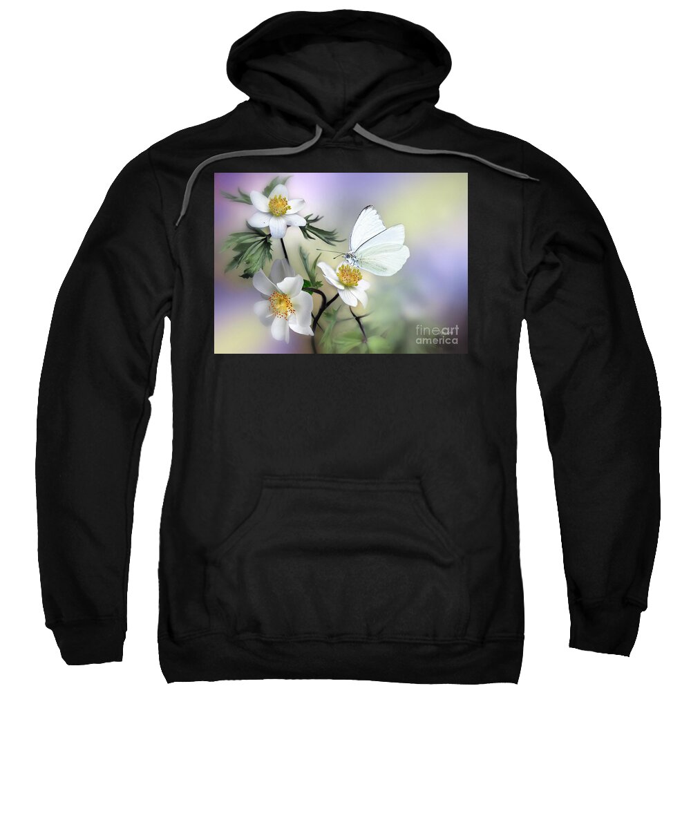 White Anemones. White Butterfly Sweatshirt featuring the mixed media A White Attraction by Morag Bates