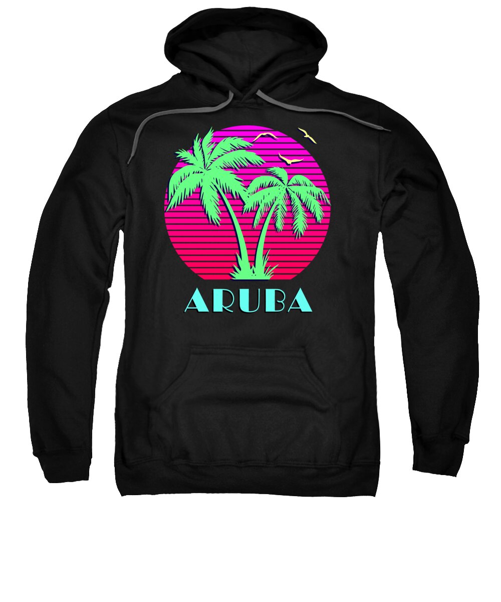 Classic Sweatshirt featuring the digital art Aruba Retro Palm Trees Sunset by Megan Miller