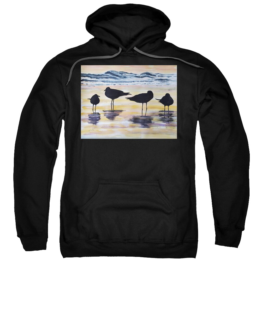 Birds Sweatshirt featuring the painting Beach Birds at Sunset - Watercolor by Claudette Carlton
