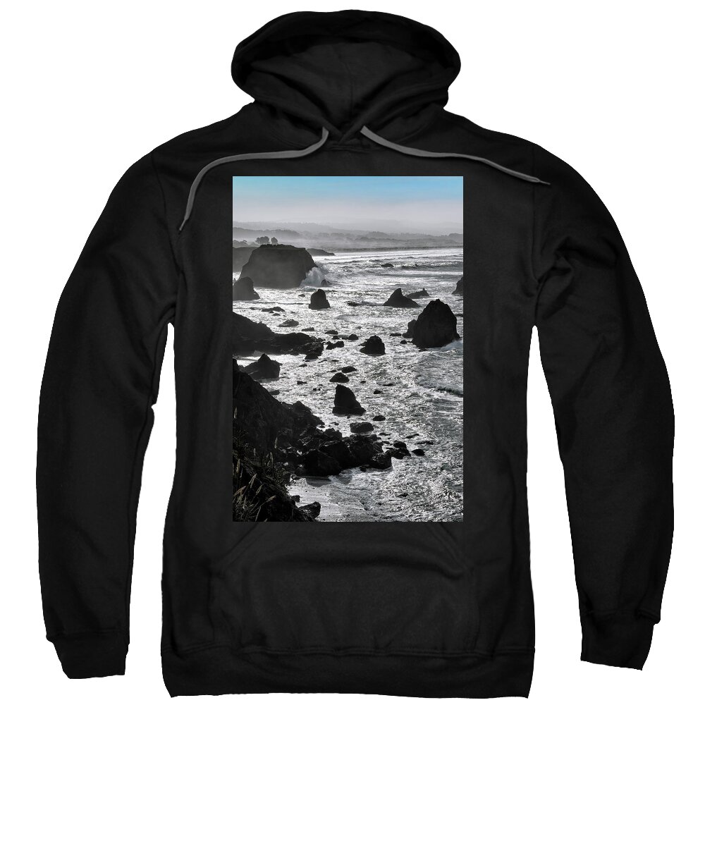 Mendocino Coast Sweatshirt featuring the photograph Black and White Seascape Beneath a Pale Blue Sky on the Mendocino Coast by Kathleen Bishop