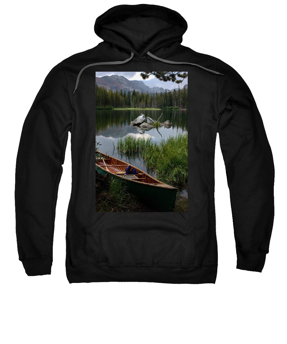 Canoe Sweatshirt featuring the photograph Canoe on Lake Mary, Mammoth Lakes. California by Bonnie Colgan