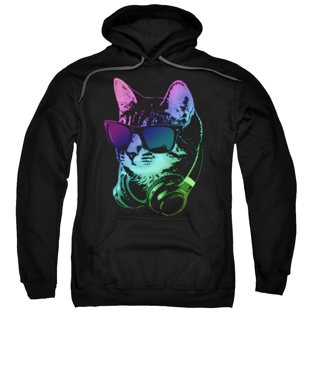 Cat Sweatshirt featuring the digital art Dj Cat In Neon Lights by Filip Schpindel