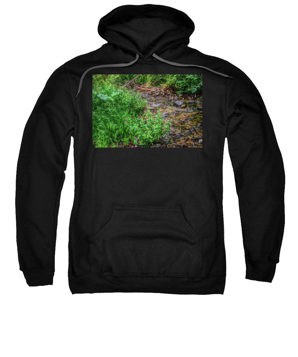 Outdoors Sweatshirt featuring the photograph Flowers in a mountain stream by Nathan Wasylewski