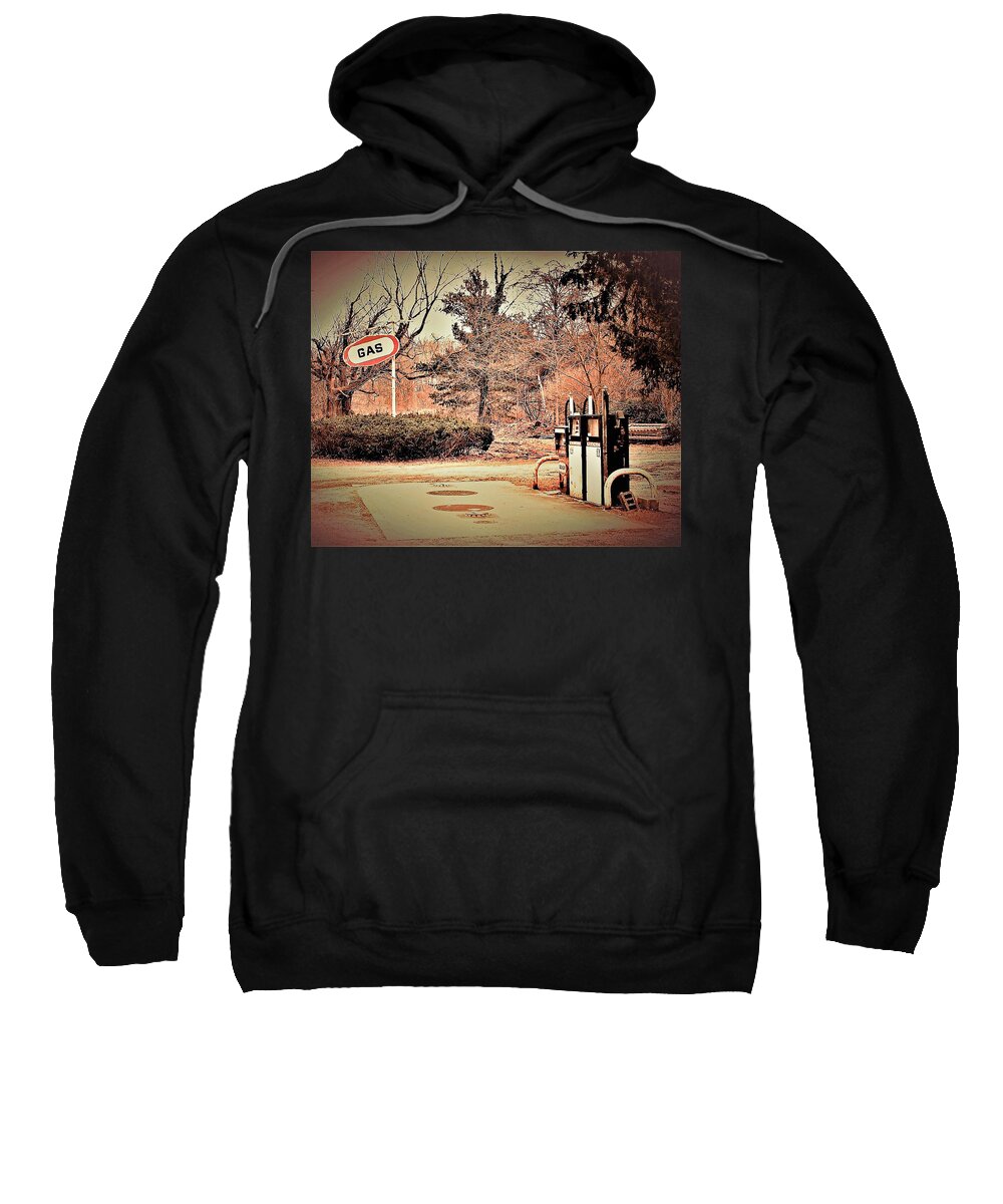 Gas Station Pumps Trees Metal Sweatshirt featuring the photograph Gas Station by John Linnemeyer