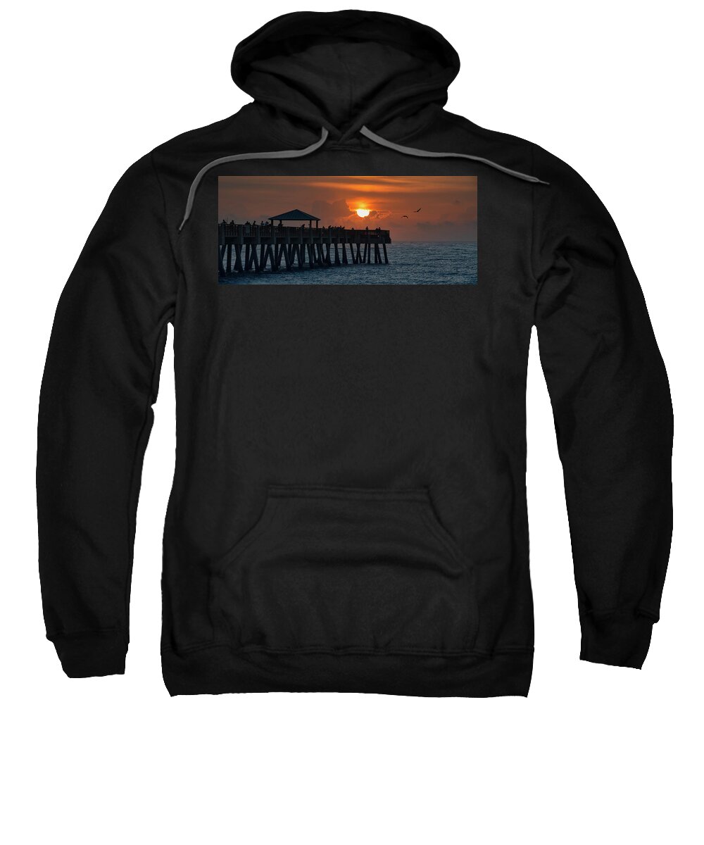 Juno Beach Pier Sweatshirt featuring the photograph Juno Beach Pier Sunrise and Birds Atlantic Ocean by Kim Seng