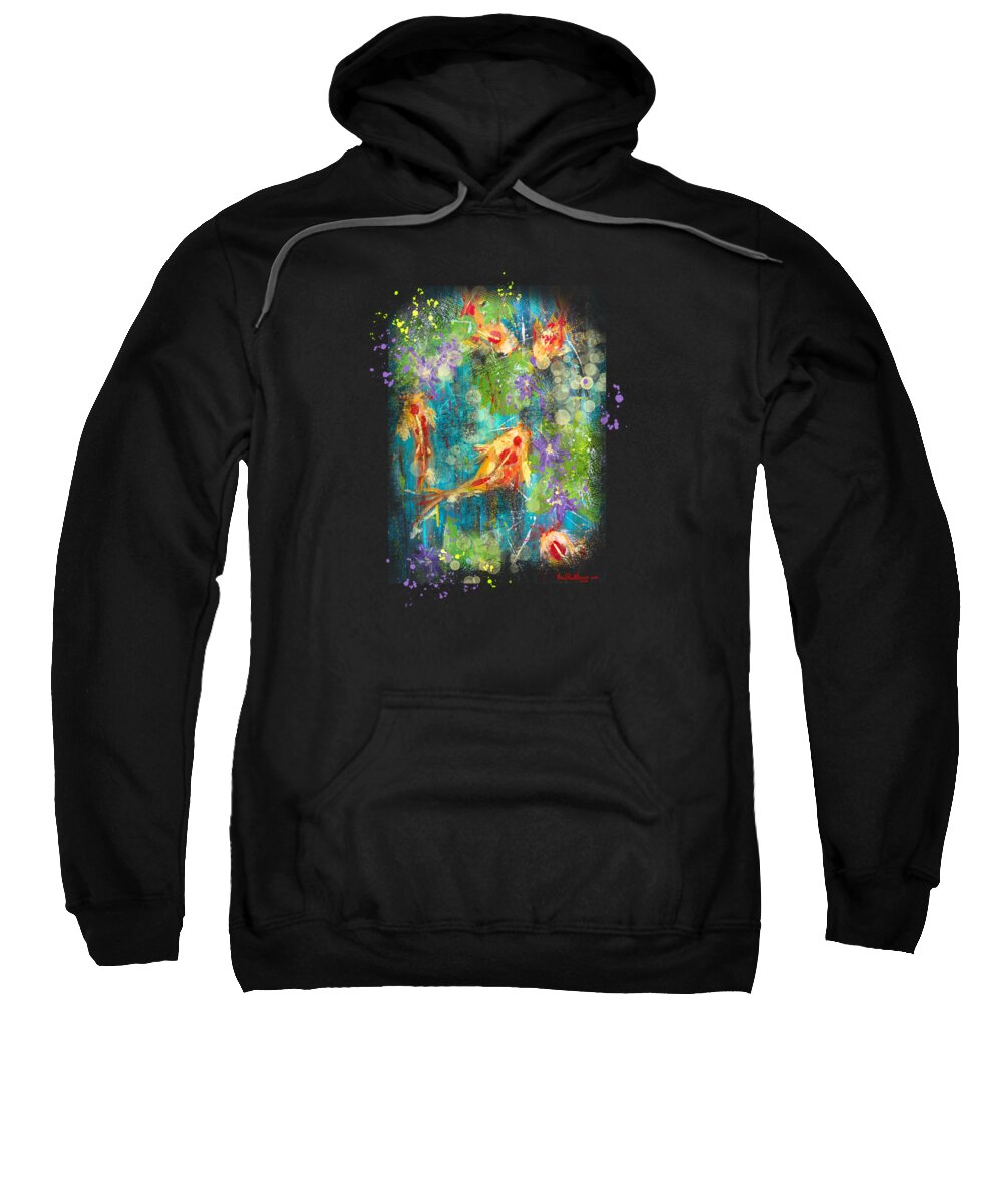 Koi Sweatshirt featuring the painting Koi Fish with Lily pad and purple Lotus Flowers by Joanne Herrmann