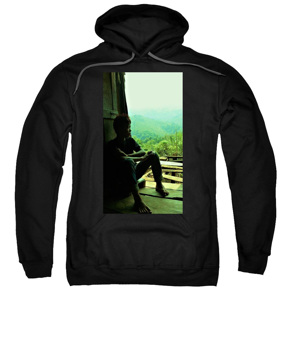 Green Sweatshirt featuring the photograph Looking outside by Robert Bociaga