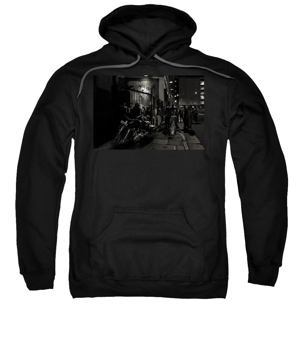 Motorcycle Club At Night Sweatshirt featuring the photograph Motorcycle Club Black and White by Mark Stout