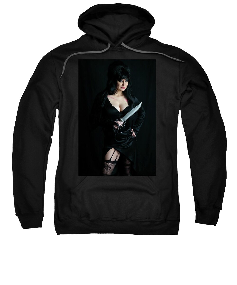 Elvira Sweatshirt featuring the photograph Mysti as Elvira 2 Color by Cully Firmin