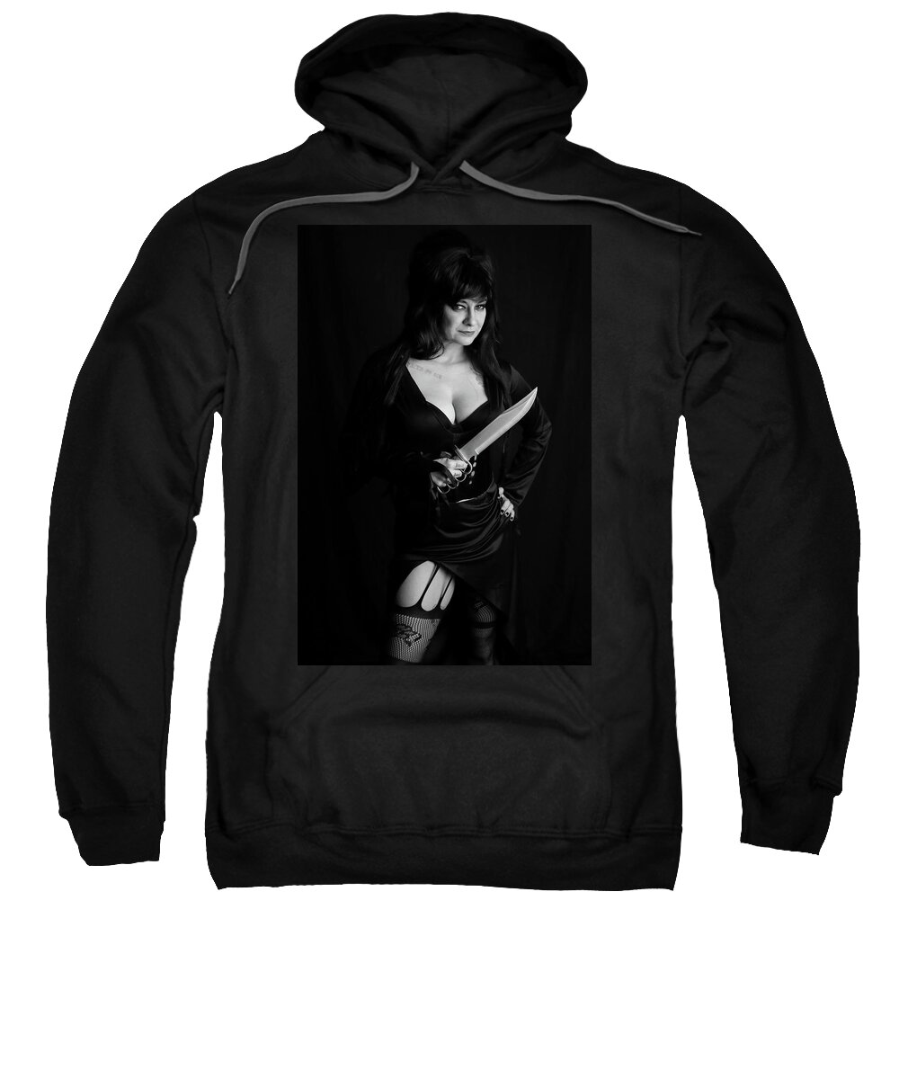 Elvira Sweatshirt featuring the photograph Mysti as Elvira 2 by Cully Firmin