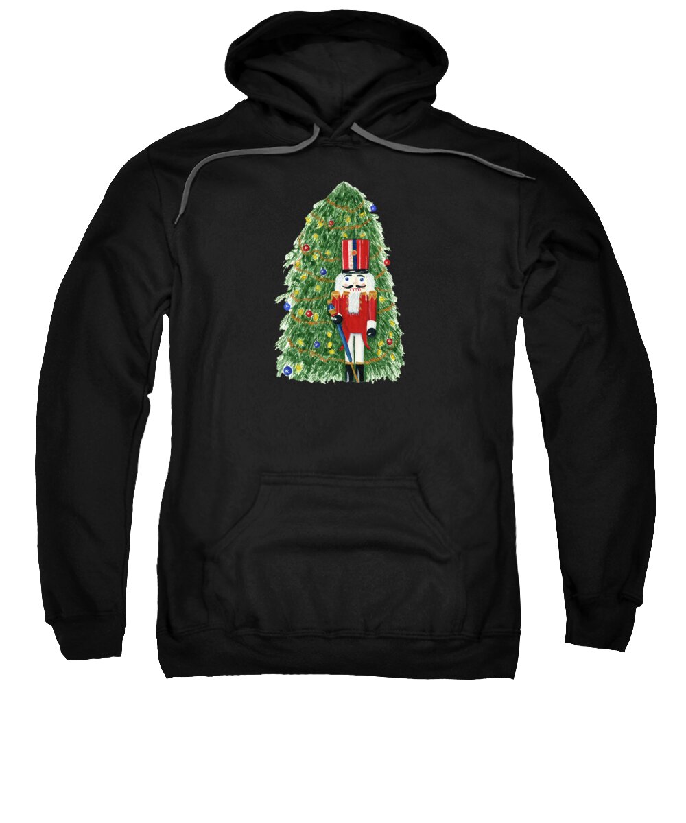 Christmas Sweatshirt featuring the painting Nutcracker standing in front of Christmas Tree by Deborah League