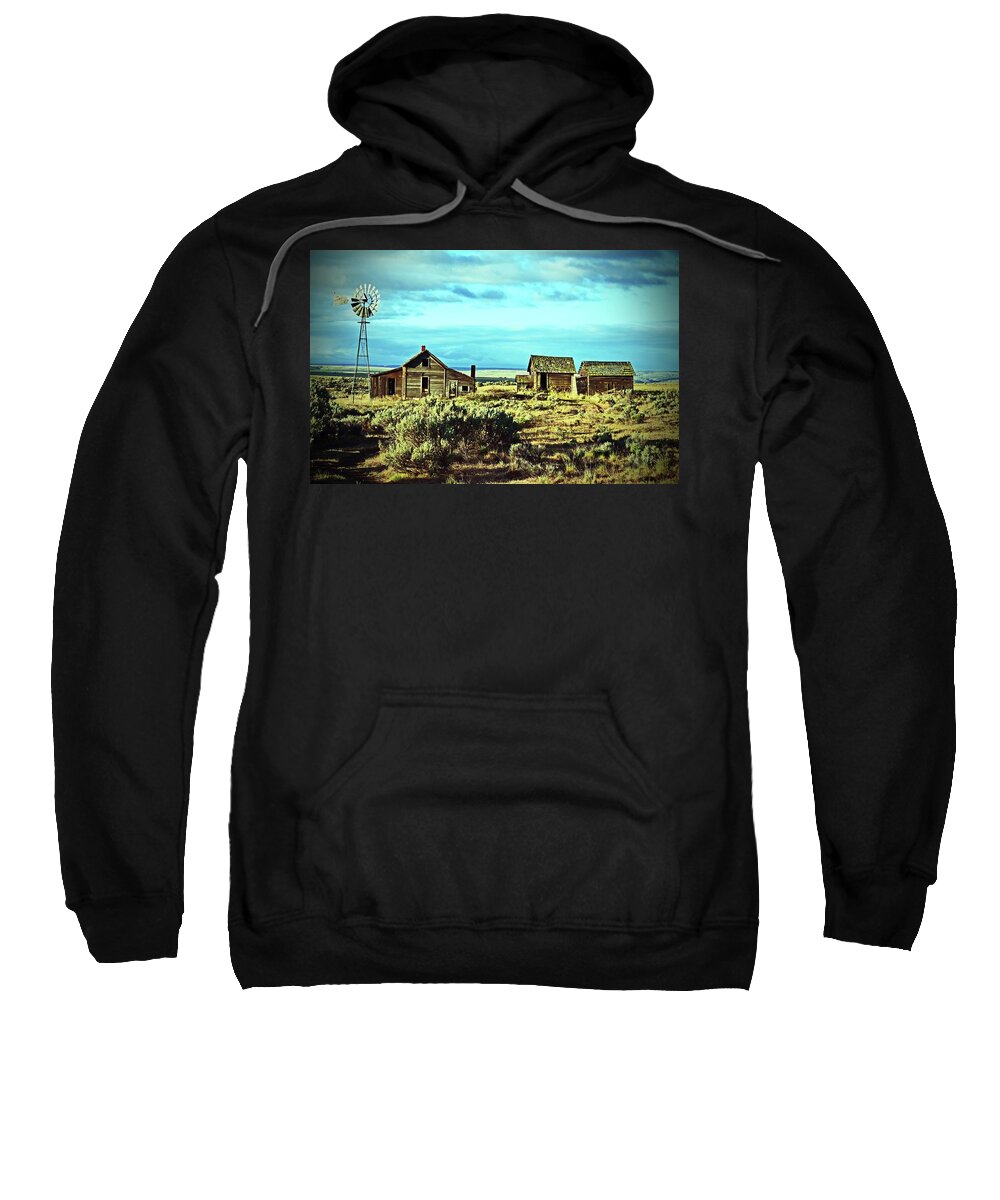 In Focus Sweatshirt featuring the digital art Old Homestead, along the Oregon Trail. by Fred Loring
