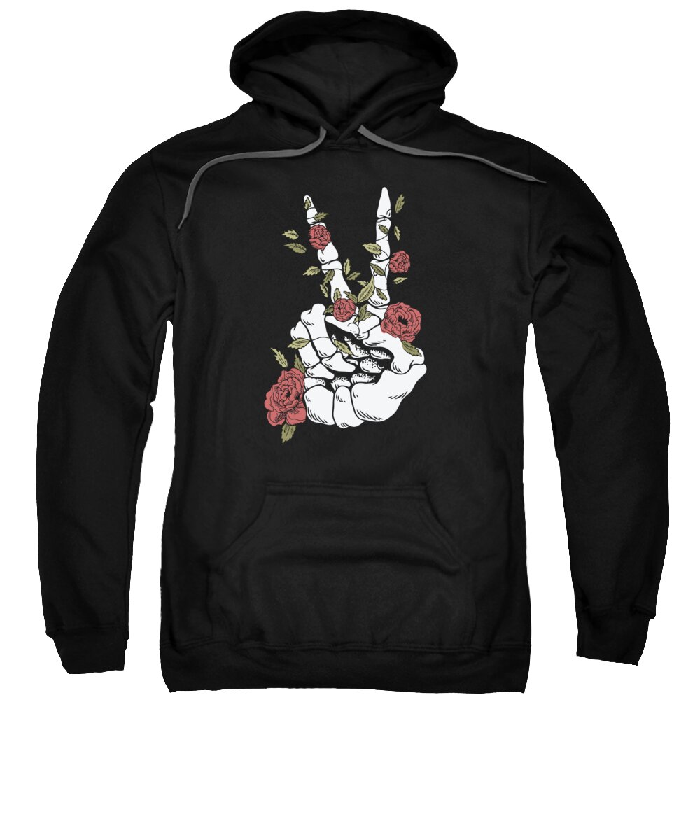 Peace Sign Sweatshirt featuring the digital art Peace Sign Skeleton Positivity Peace Lover Flowers by Toms Tee Store