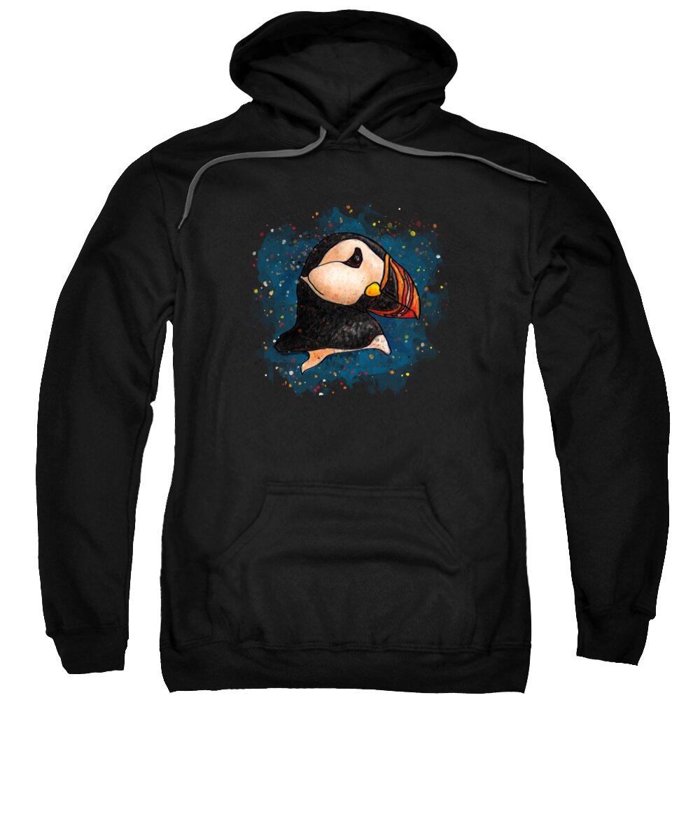 Puffin Sweatshirt featuring the painting Puffin head on black background, Splatter art puffin by Nadia CHEVREL