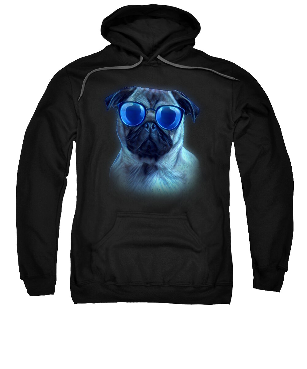 Dog Sweatshirt featuring the digital art Pug Neon Dog Sunglasses by Jacob Zelazny