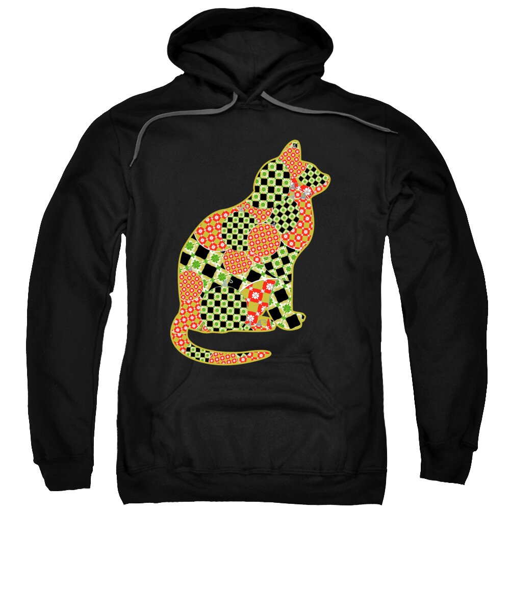 Cat; Cat Lover; Merry Christmas; Christmas; Happy Christmas Sweatshirt featuring the digital art Quilted Christmas Cat in Red Green and Gold by Marianne Campolongo