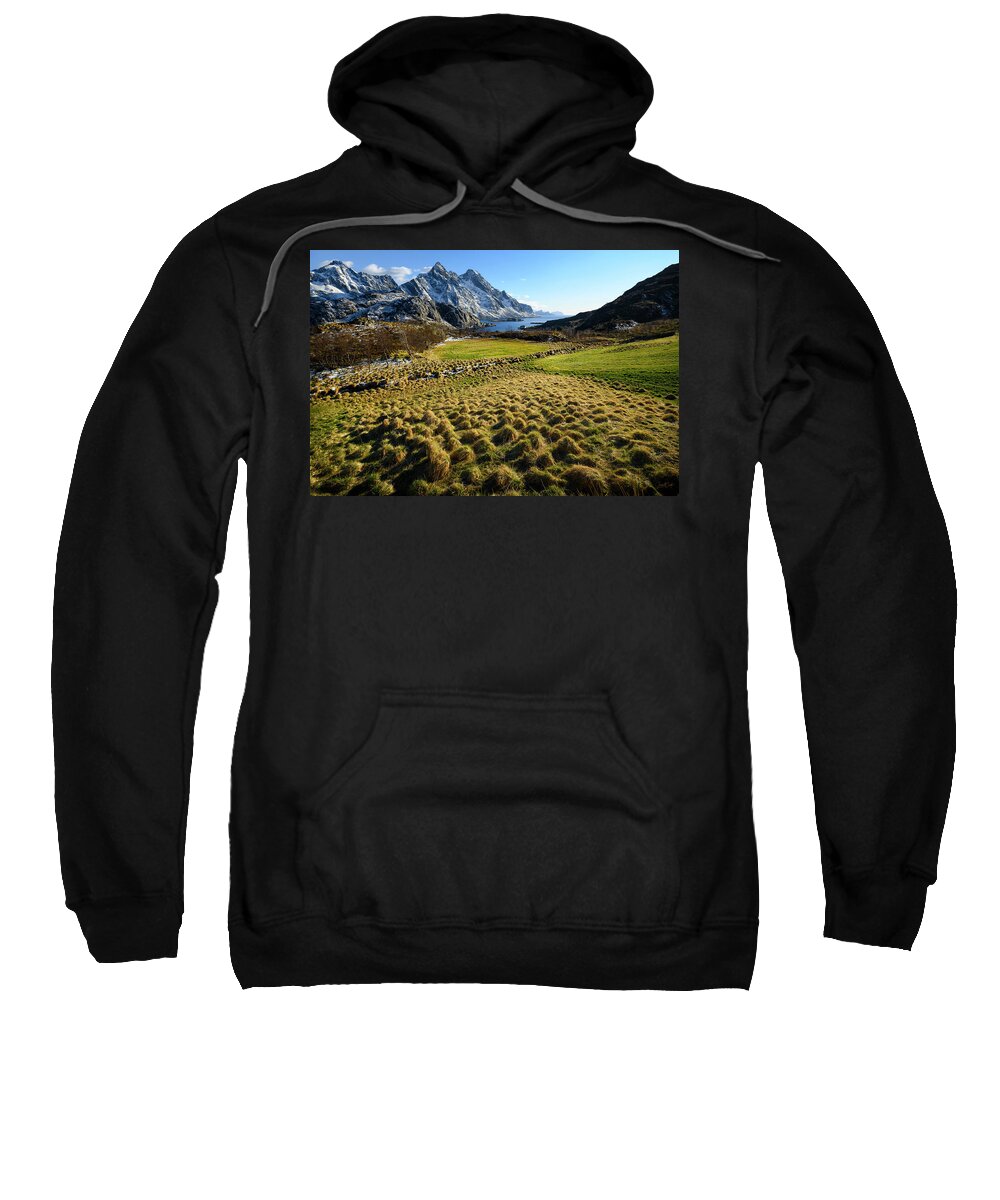 Field Sweatshirt featuring the photograph Raking the Grass in Lofoten by James Covello