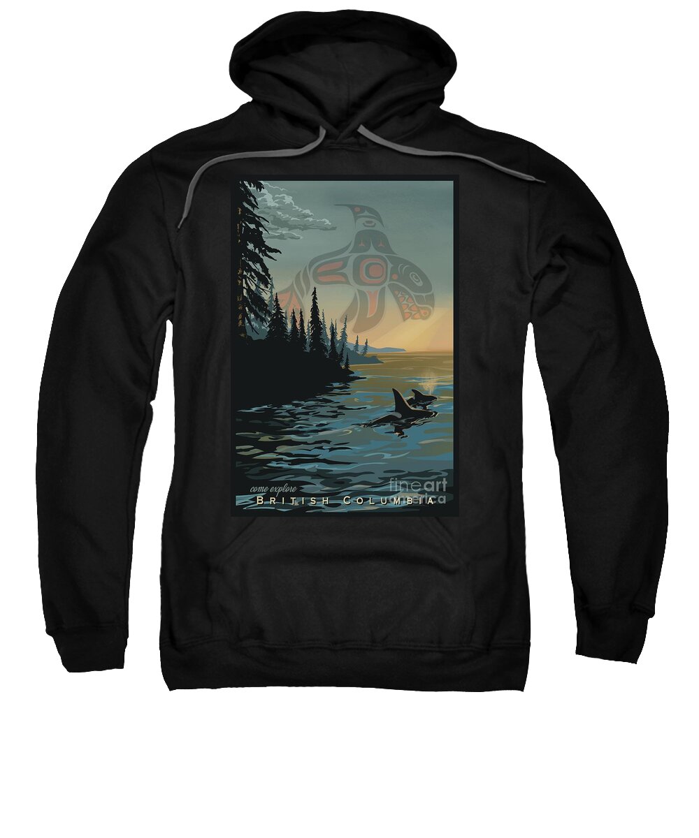 Travel Poster Sweatshirt featuring the painting Retro Killer Whale BC Travel Poster by Sassan Filsoof