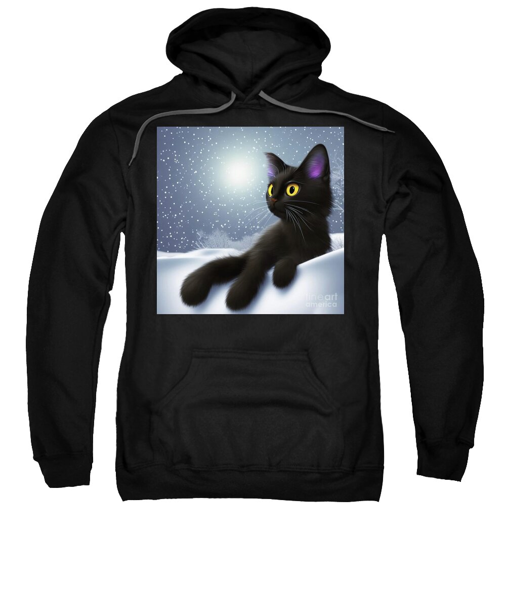 Snow; Kitty; Cat; Black Cat; Moon; Snowbank; Digital Art; Square; Children's Art; Sweatshirt featuring the digital art Snow Kitty by Tina Uihlein