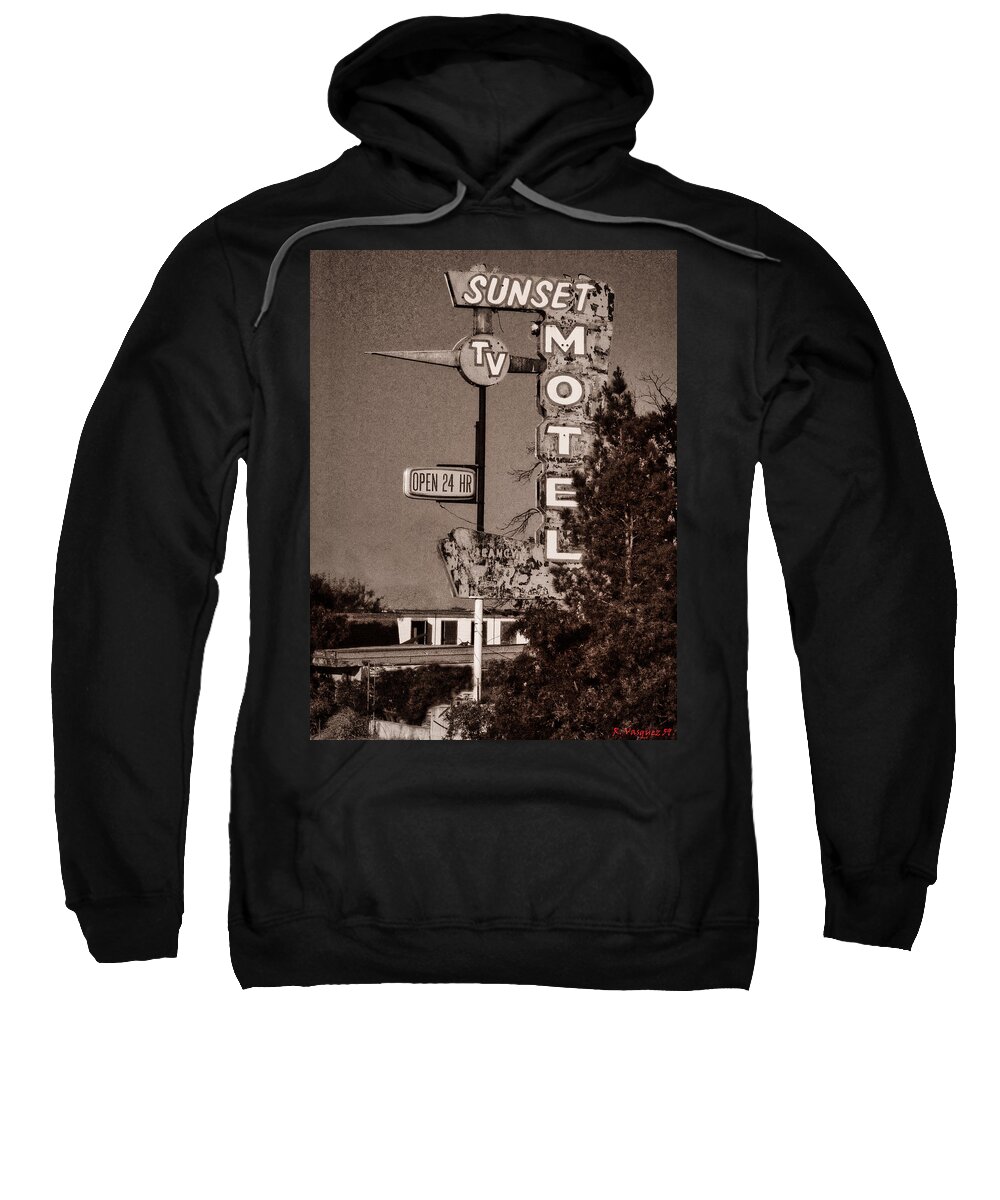 Route Sweatshirt featuring the photograph Sunset Motel Sign by Rene Vasquez