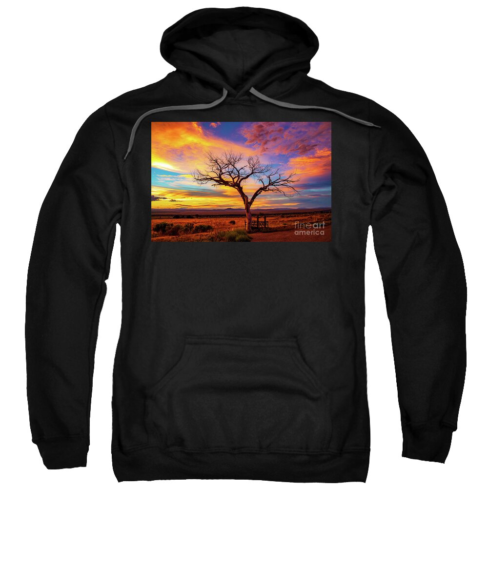Taos Sweatshirt featuring the photograph Taos Welcome Tree with amazing sunset by Elijah Rael