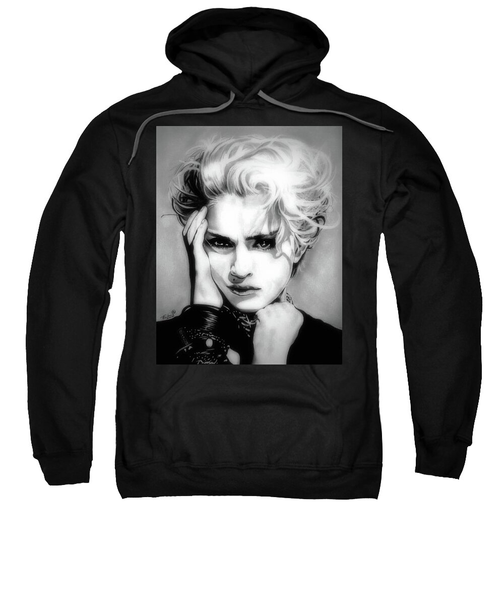 Madonna Sweatshirt featuring the drawing The Material Girl - Madonna - Black and White Edition by Fred Larucci