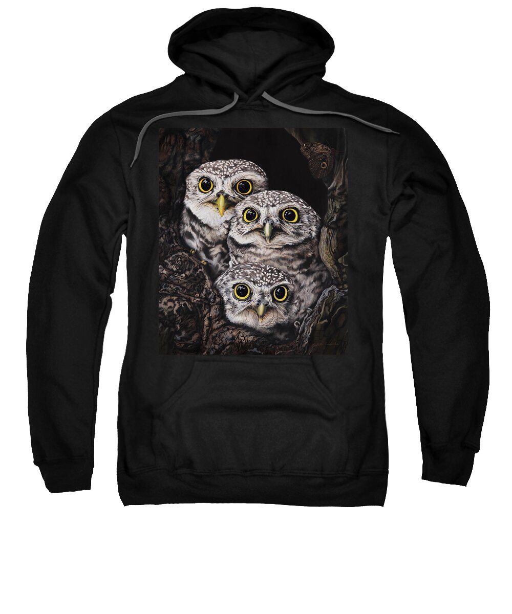 Nikita Coulombe Sweatshirt featuring the painting Three Little Owls by Nikita Coulombe
